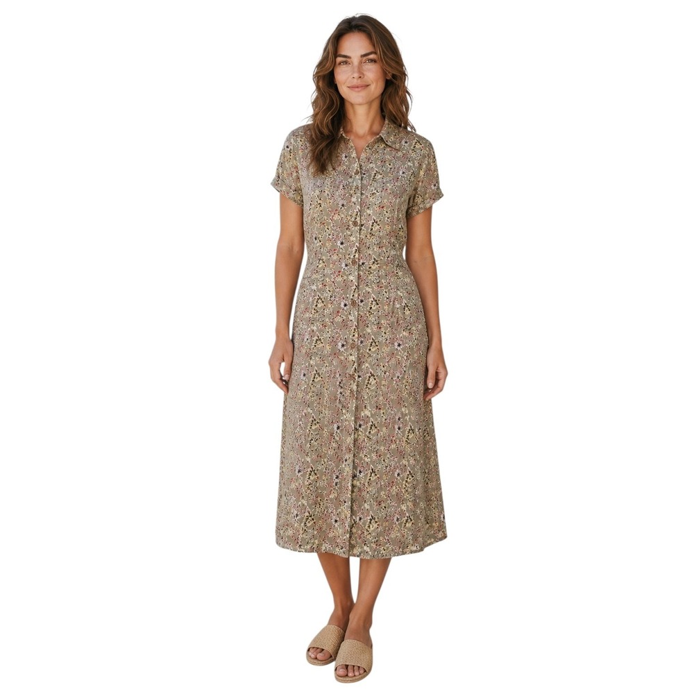 Notations Button Front Midi Shirt Dress Women's Size Medium Beige Floral A-line